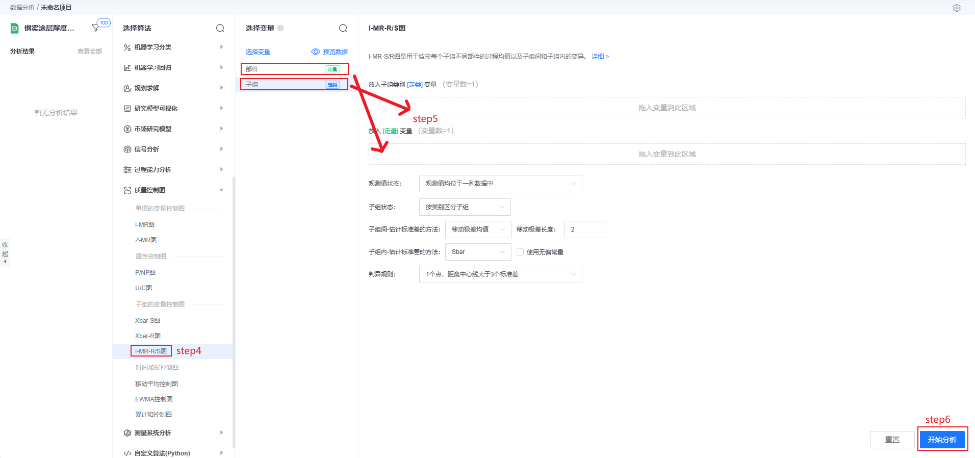 选择 I-MR-R/S 控制图并输入变量