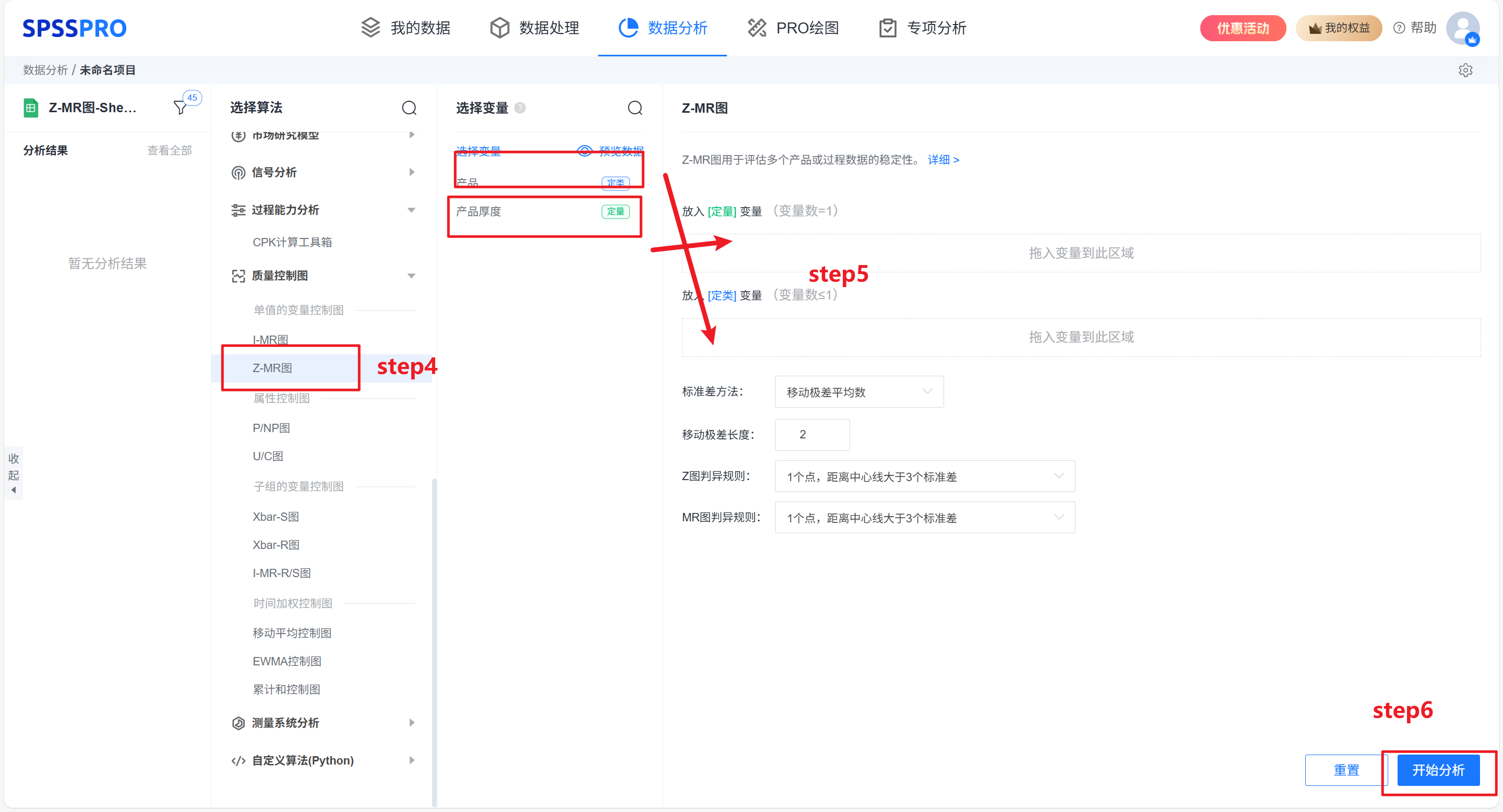 选择 Z-MR 控制图并输入变量