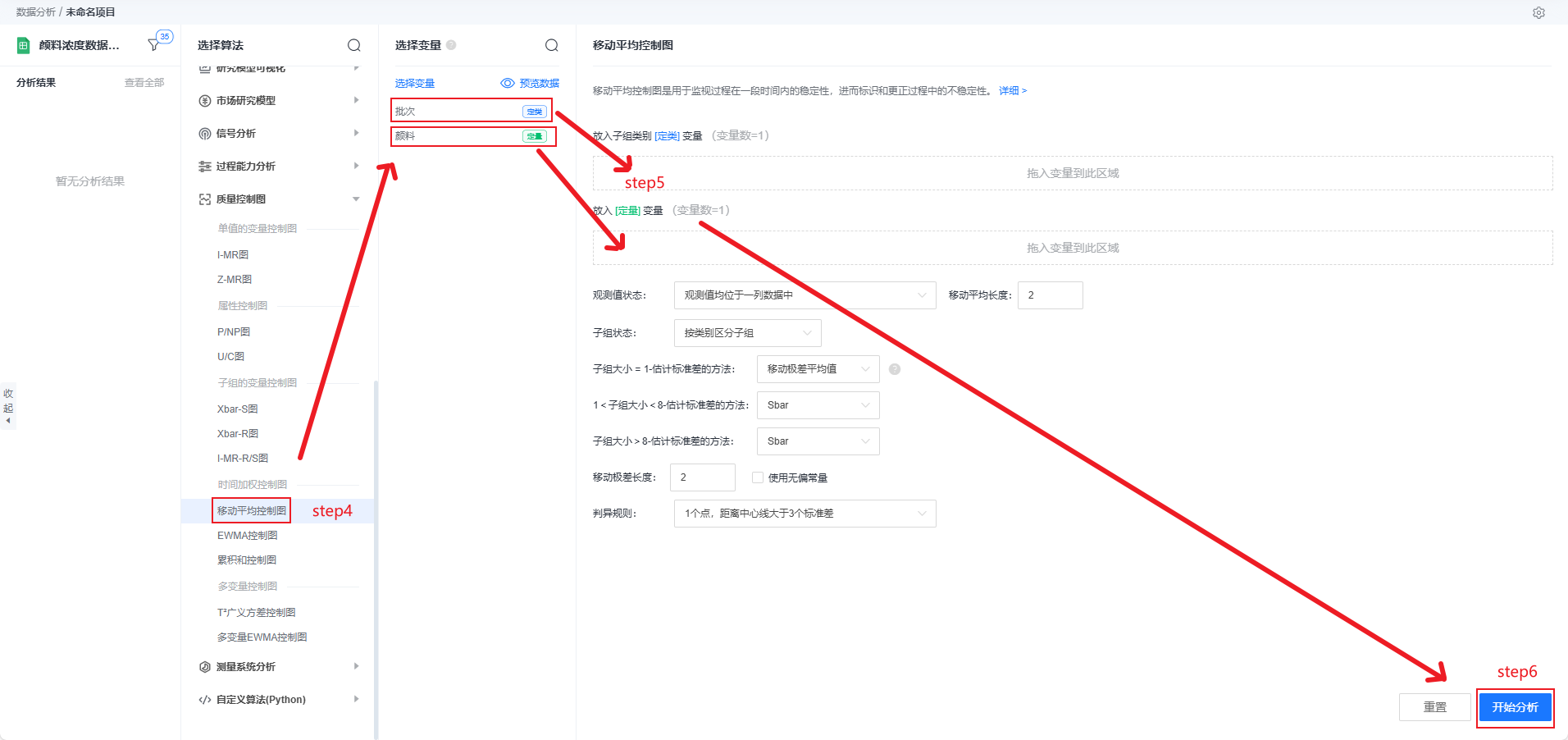 选择移动平均控制图并输入变量