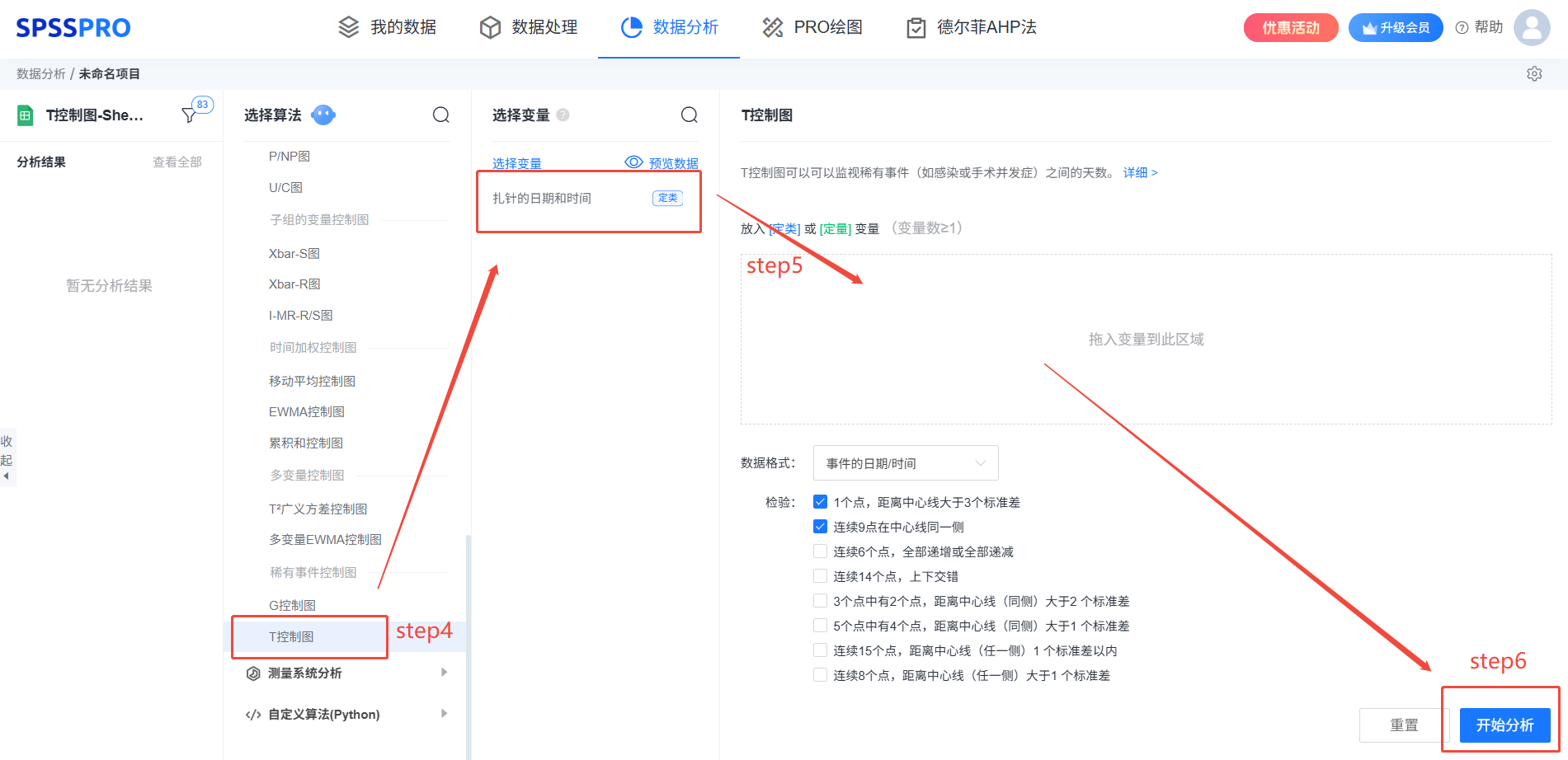 选择 T 控制图并输入变量