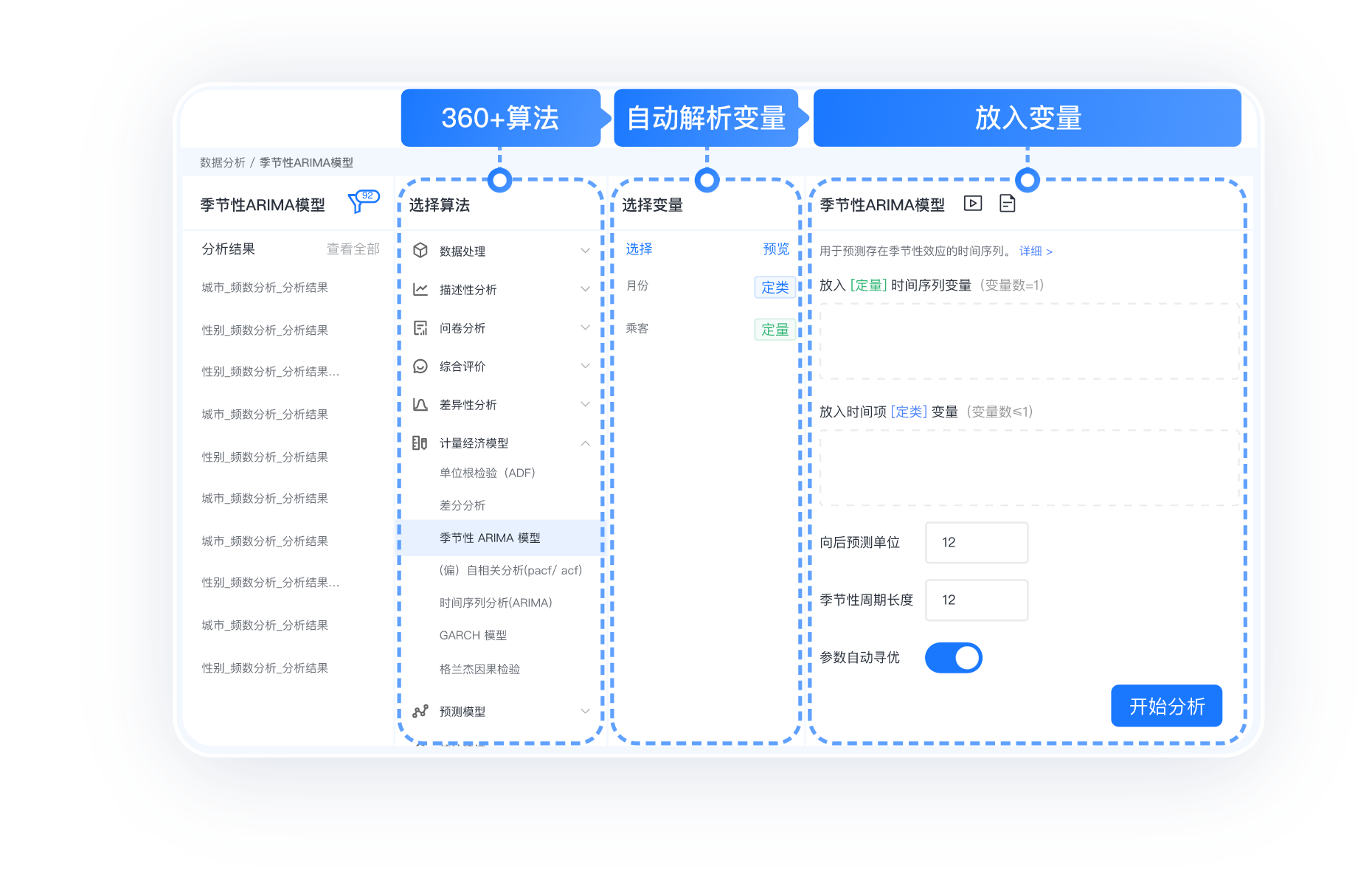 零代码界面,功能区域清晰划分,简单拖拉拽操作,一键生成智能分析报告